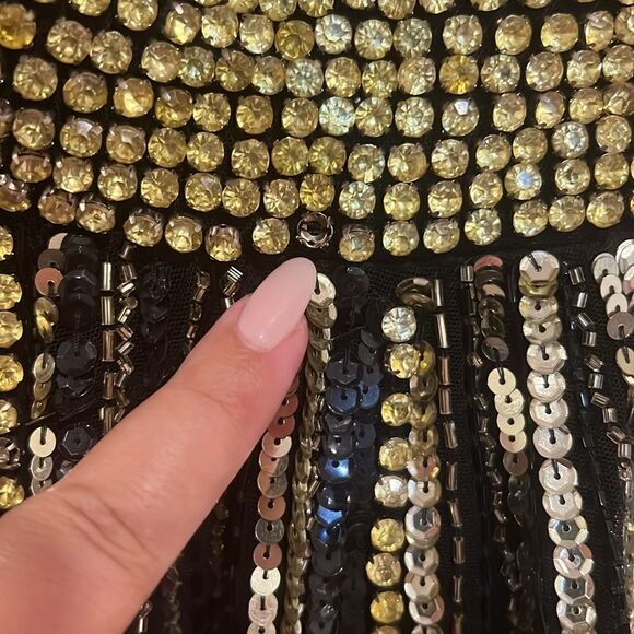 NWT Mac Duggal EMBELLISHED FULL LENGTH LAYERED SLEEVE GOWN Black and Gold 8 - Picture 10 of 12